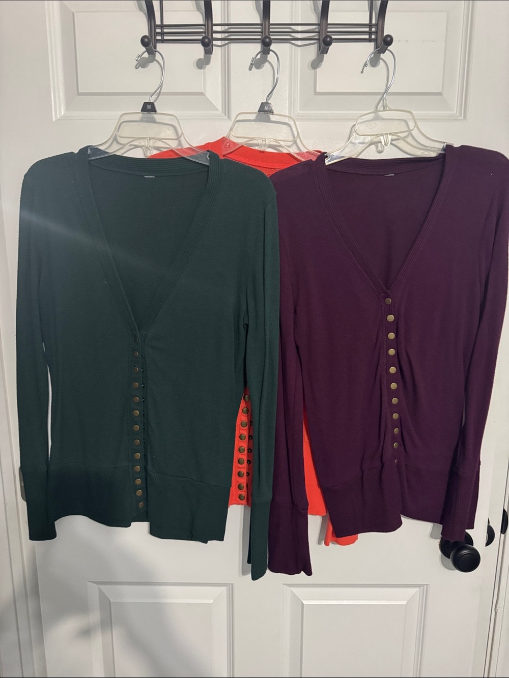 Trio of Women's V-Neck Button Cardigan Sweaters- Green, Plum, Orange
